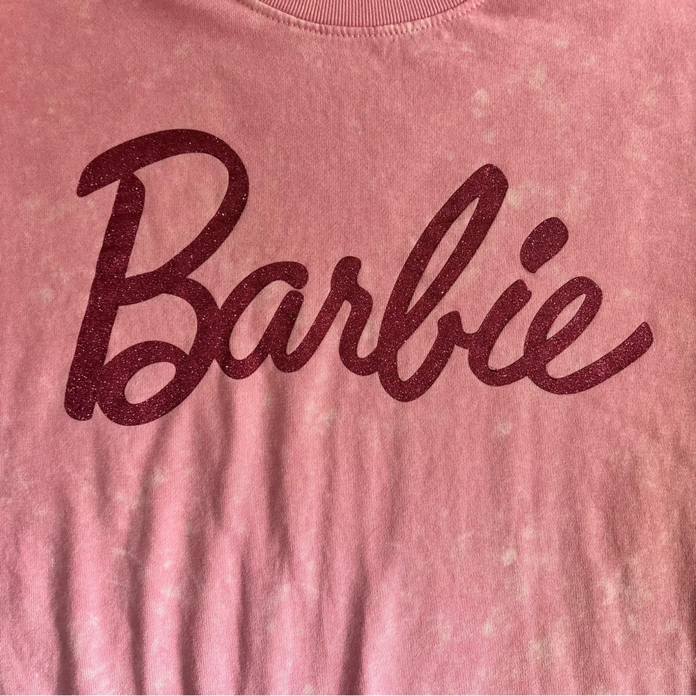 Barbie Pink Acid Wash Glitter Logo Crewneck Sweatshirt Womens Medium - Picture 2 of 6